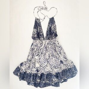 Free People Indigo and White Beach Day Ruffled Halter Dress